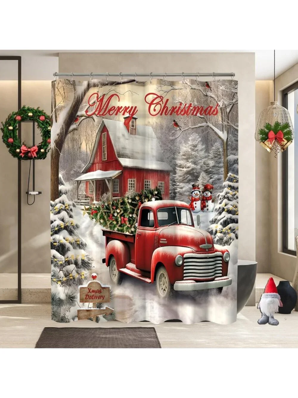 Vintage Red Truck Christmas Shower Curtain - Rustic Farmhouse Holiday Decor